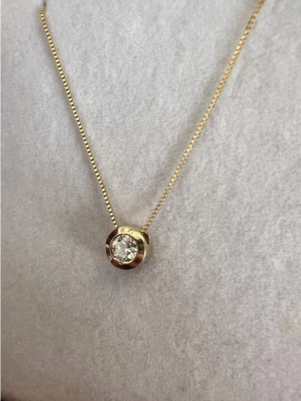 14K Yellow Gold .23 K Bezel set Diamond Necklace 16 Inches long Dainty Box Chain